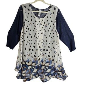 Come N See Women's Navy Blue Mesh Overlay Floral Print Tunic‎ Top Size Large